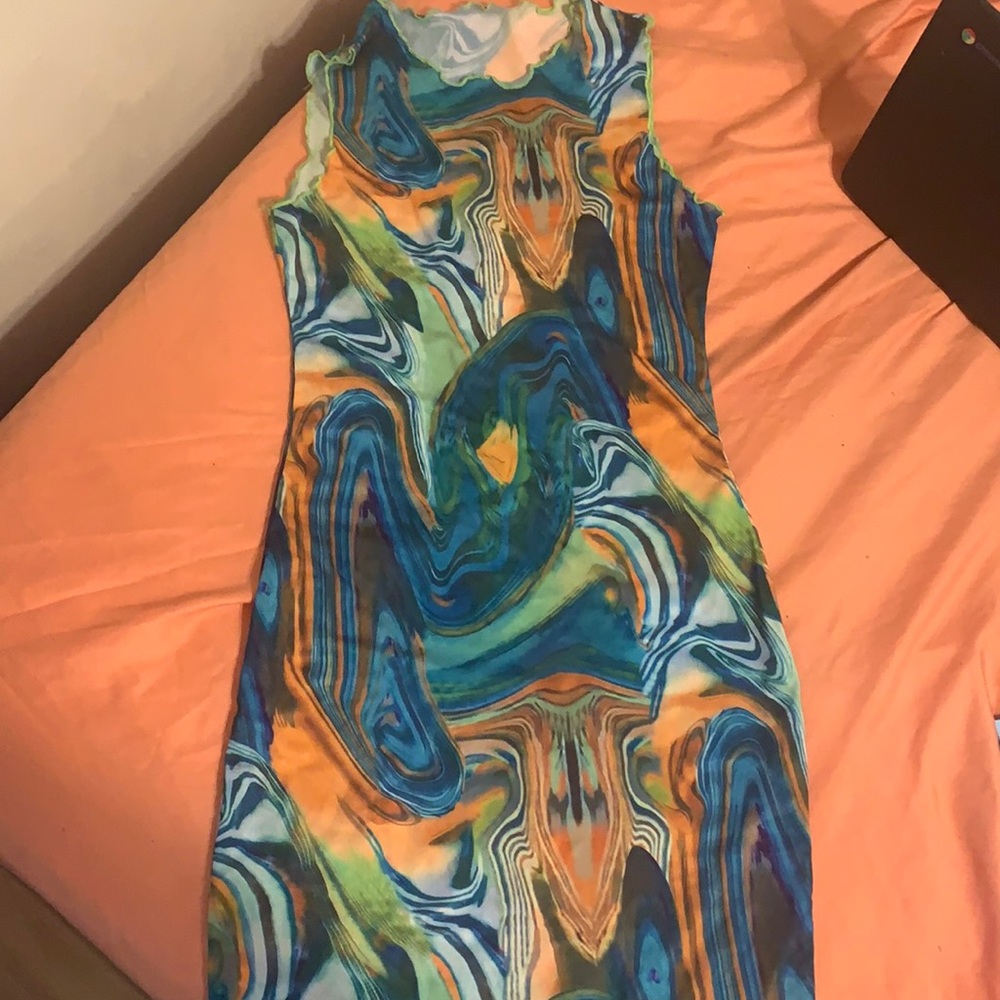 Lettuce Trim Marble Print Dress